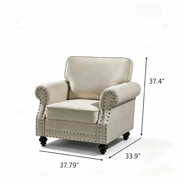 English Elm Classic Velvet Tufted Armchair with Brass Nailhead Trim and Turned Wood Legs for Living Room Beige B2735P542749