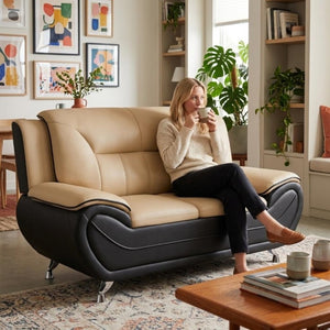 English Elm Modern Faux Leather 3 Piece Living Room Sofa Set with Steel Legs Apartment Seating Camel B2735P566497
