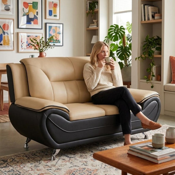 English Elm Modern Faux Leather 3 Piece Living Room Sofa Set with Steel Legs Apartment Seating Camel B2735P566497