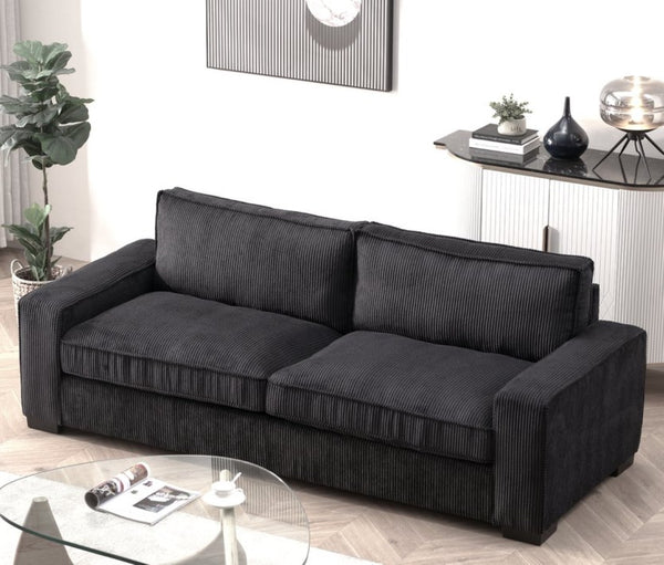 English Elm Luxe Corduroy Three Seater Sofa Deep Cushioned Architectural Modern Living Room Couch Black B2735S00017