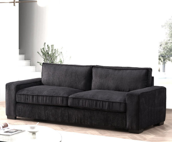 English Elm Luxe Corduroy Three Seater Sofa Deep Cushioned Architectural Modern Living Room Couch Black B2735S00017