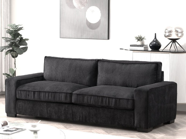 English Elm Luxe Corduroy Three Seater Sofa Deep Cushioned Architectural Modern Living Room Couch Black B2735S00017
