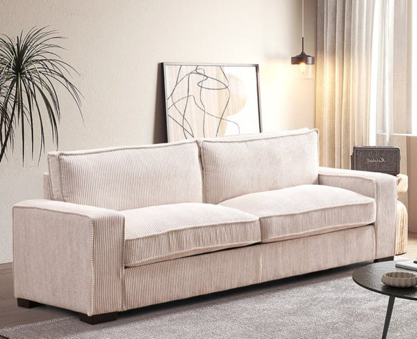 English Elm Luxe Corduroy Three Seater Sofa Deep Cushioned Architectural Modern Living Room Couch Beige B2735S00019