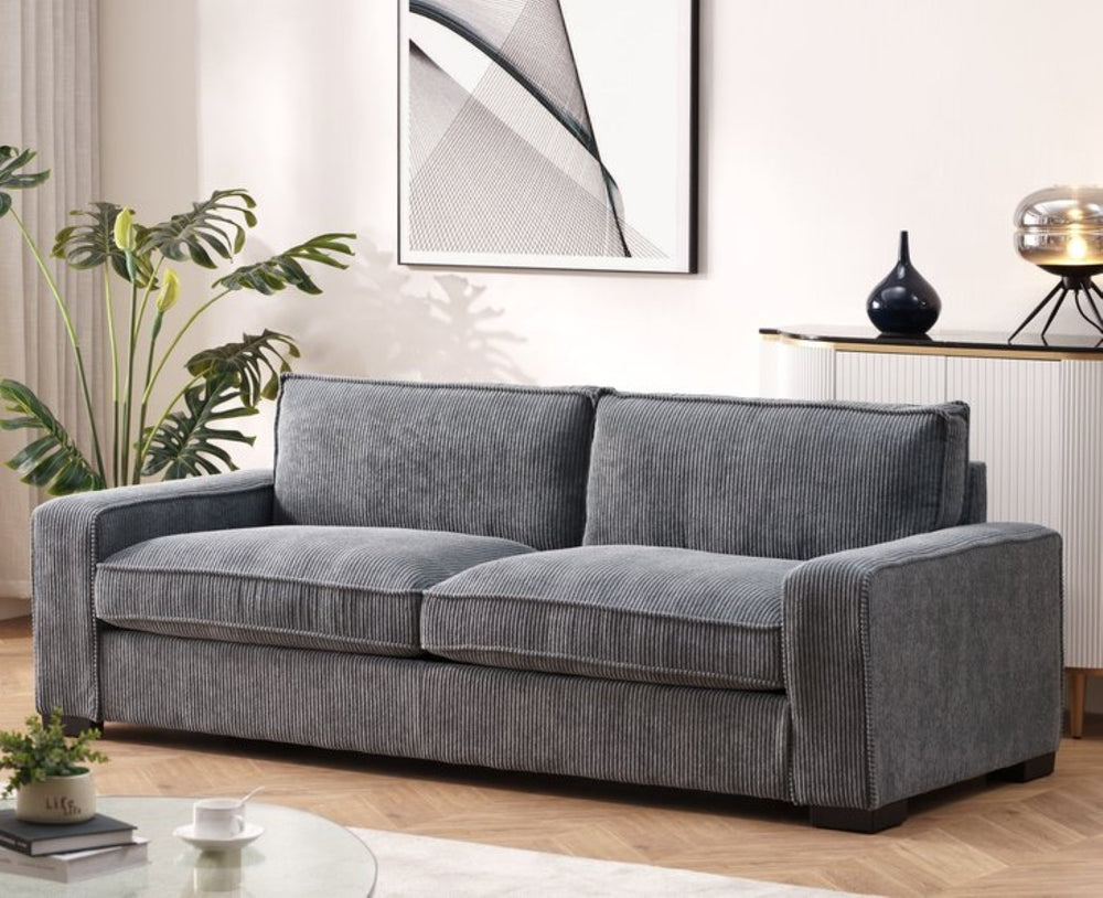 English Elm Luxe Corduroy Three Seater Sofa Deep Cushioned Architectural Modern Living Room Couch Grey B2735S00024