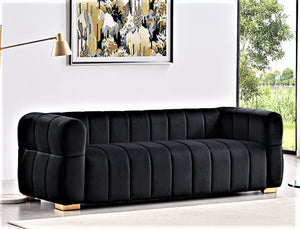 English Elm Velvet Tufted Low Profile Three Seat Sofa Art Deco Channel Design for Open Living Rooms Black B2735S00040