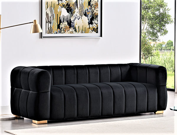 English Elm Velvet Tufted Low Profile Three Seat Sofa Art Deco Channel Design for Open Living Rooms Black B2735S00040