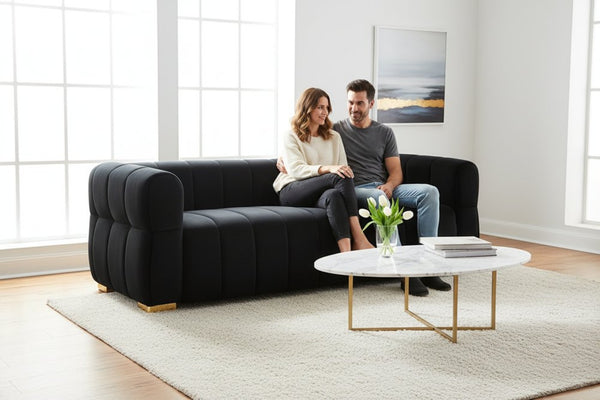 English Elm Velvet Tufted Low Profile Three Seat Sofa Art Deco Channel Design for Open Living Rooms Black B2735S00040