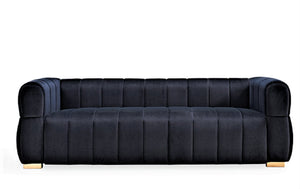 English Elm Velvet Tufted Low Profile Three Seat Sofa Art Deco Channel Design for Open Living Rooms Black B2735S00040
