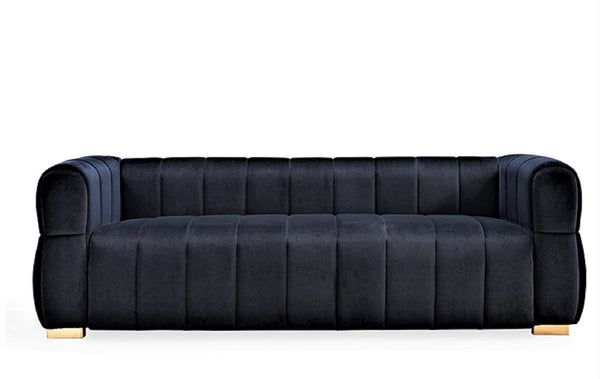English Elm Velvet Tufted Low Profile Three Seat Sofa Art Deco Channel Design for Open Living Rooms Black B2735S00040
