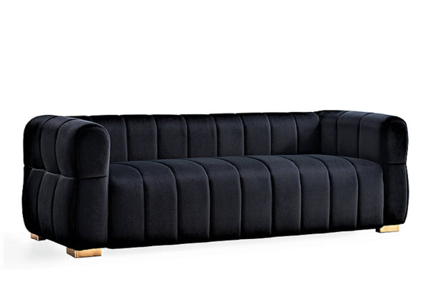 English Elm Velvet Tufted Low Profile Three Seat Sofa Art Deco Channel Design for Open Living Rooms Black B2735S00040