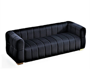 English Elm Velvet Tufted Low Profile Three Seat Sofa Art Deco Channel Design for Open Living Rooms Black B2735S00040