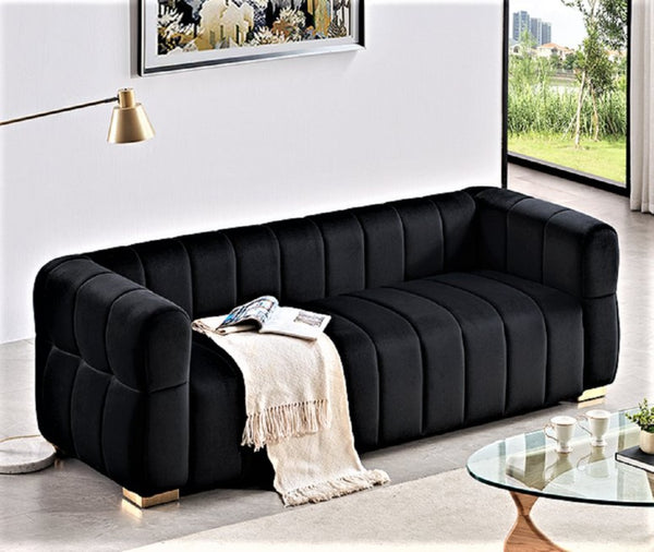 English Elm Velvet Tufted Low Profile Three Seat Sofa Art Deco Channel Design for Open Living Rooms Black B2735S00040