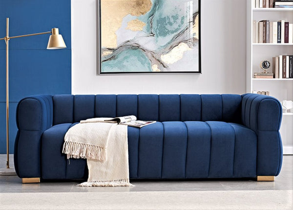 English Elm Velvet Tufted Low Profile Three Seat Sofa Art Deco Channel Design for Open Living Rooms Blue B2735S00041