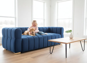 English Elm Velvet Tufted Low Profile Three Seat Sofa Art Deco Channel Design for Open Living Rooms Blue B2735S00041