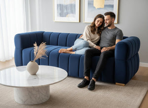 English Elm Velvet Tufted Low Profile Three Seat Sofa Art Deco Channel Design for Open Living Rooms Blue B2735S00041