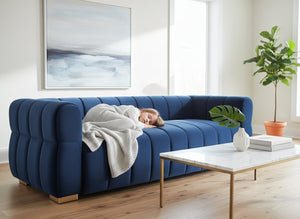 English Elm Velvet Tufted Low Profile Three Seat Sofa Art Deco Channel Design for Open Living Rooms Blue B2735S00041