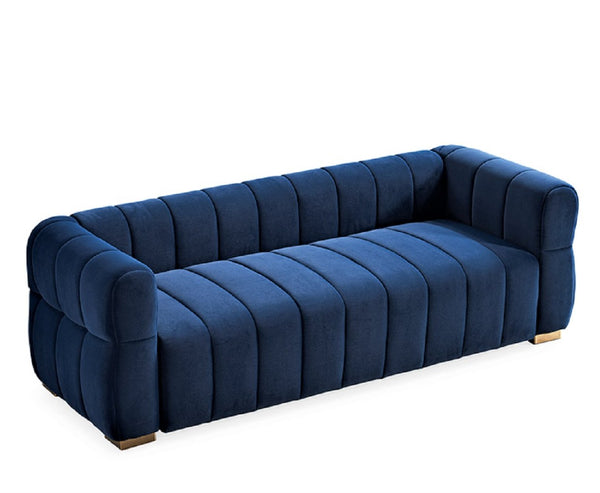 English Elm Velvet Tufted Low Profile Three Seat Sofa Art Deco Channel Design for Open Living Rooms Blue B2735S00041