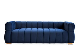 English Elm Velvet Tufted Low Profile Three Seat Sofa Art Deco Channel Design for Open Living Rooms Blue B2735S00041