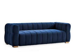 English Elm Velvet Tufted Low Profile Three Seat Sofa Art Deco Channel Design for Open Living Rooms Blue B2735S00041