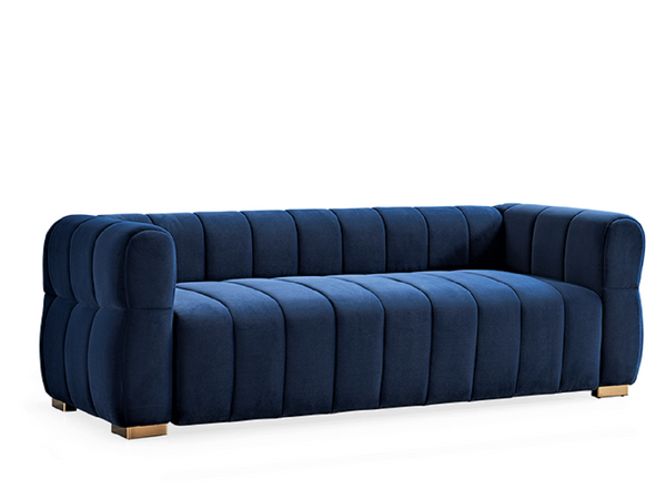 English Elm Velvet Tufted Low Profile Three Seat Sofa Art Deco Channel Design for Open Living Rooms Blue B2735S00041