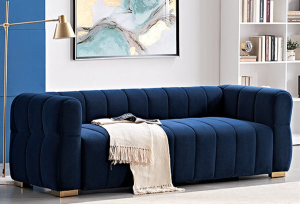 English Elm Velvet Tufted Low Profile Three Seat Sofa Art Deco Channel Design for Open Living Rooms Blue B2735S00041