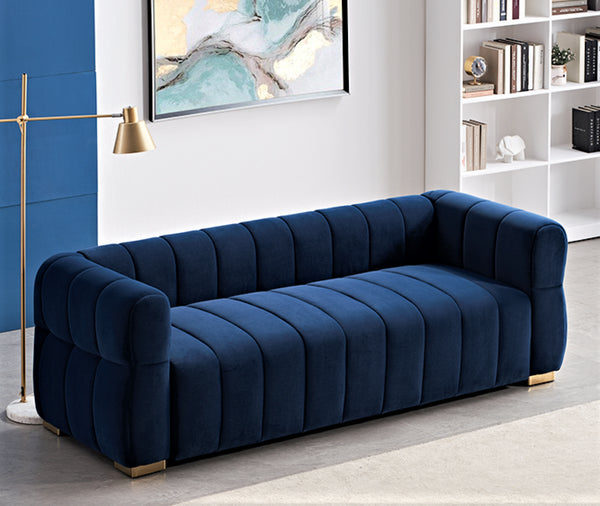 English Elm Velvet Tufted Low Profile Three Seat Sofa Art Deco Channel Design for Open Living Rooms Blue B2735S00041