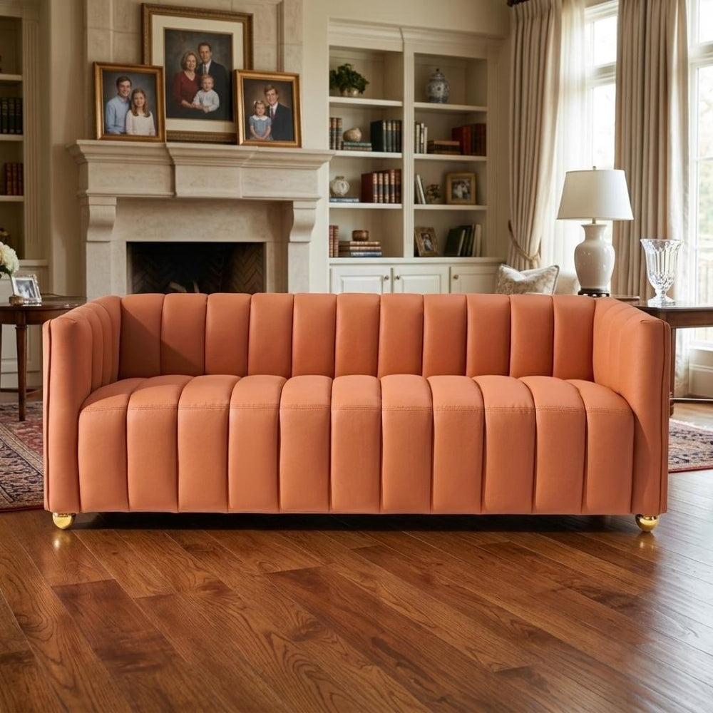 English Elm Modern Art Deco Channel Tufted Leather Look Sofa with Solid Wood Frame for Living Rooms Orange B2735S00045