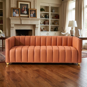 English Elm Modern Art Deco Channel Tufted Leather Look Sofa with Solid Wood Frame for Living Rooms Orange B2735S00045