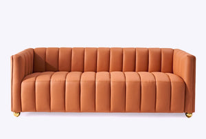 English Elm Modern Art Deco Channel Tufted Leather Look Sofa with Solid Wood Frame for Living Rooms Orange B2735S00045