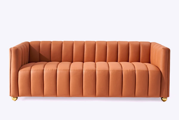 English Elm Modern Art Deco Channel Tufted Leather Look Sofa with Solid Wood Frame for Living Rooms Orange B2735S00045