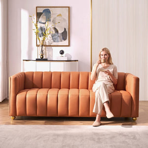 English Elm Modern Art Deco Channel Tufted Leather Look Sofa with Solid Wood Frame for Living Rooms Orange B2735S00045