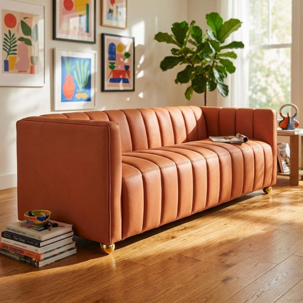 English Elm Modern Art Deco Channel Tufted Leather Look Sofa with Solid Wood Frame for Living Rooms Orange B2735S00045