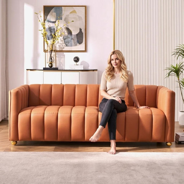 English Elm Modern Art Deco Channel Tufted Leather Look Sofa with Solid Wood Frame for Living Rooms Orange B2735S00045