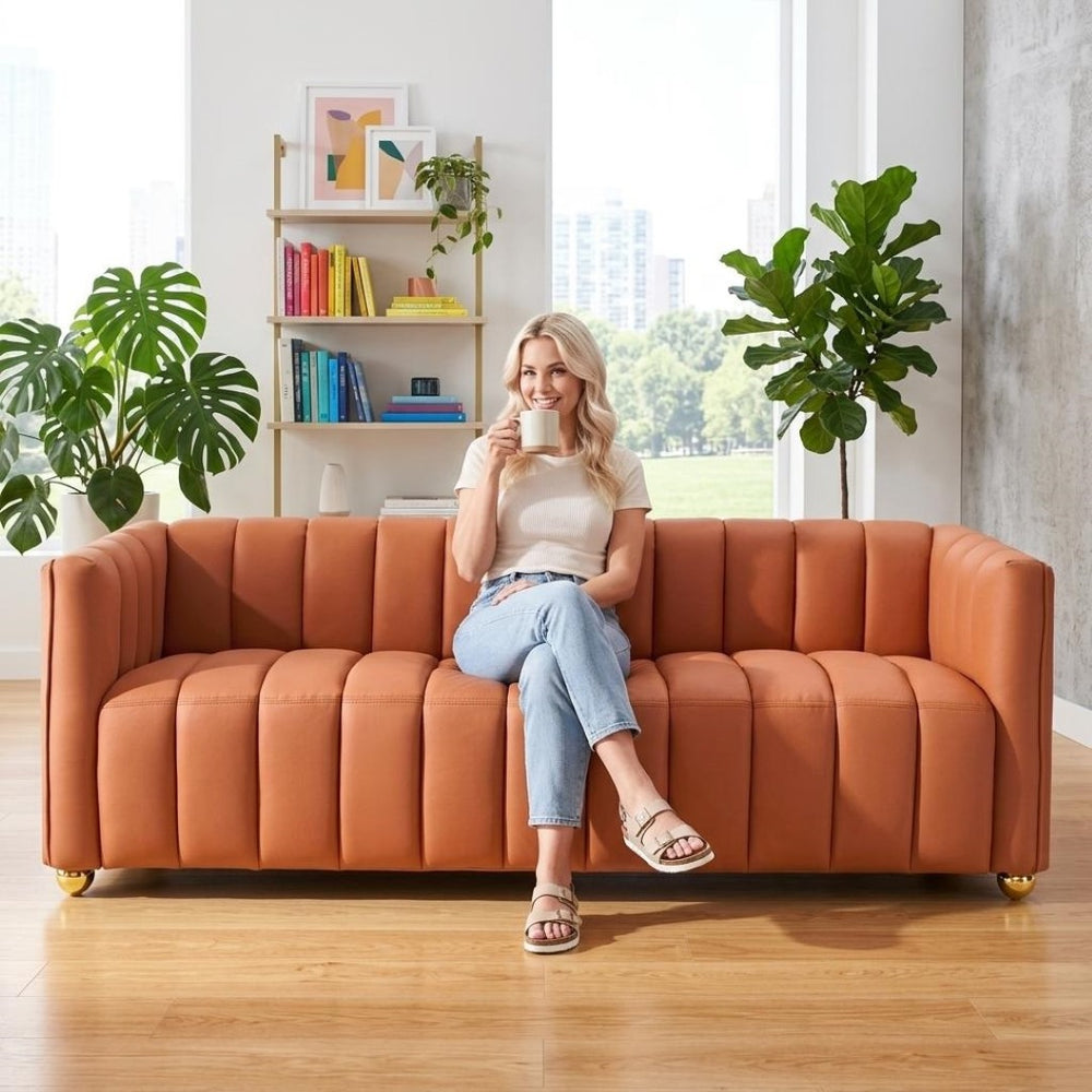 English Elm Modern Art Deco Channel Tufted Leather Look Sofa with Solid Wood Frame for Living Rooms Orange B2735S00045