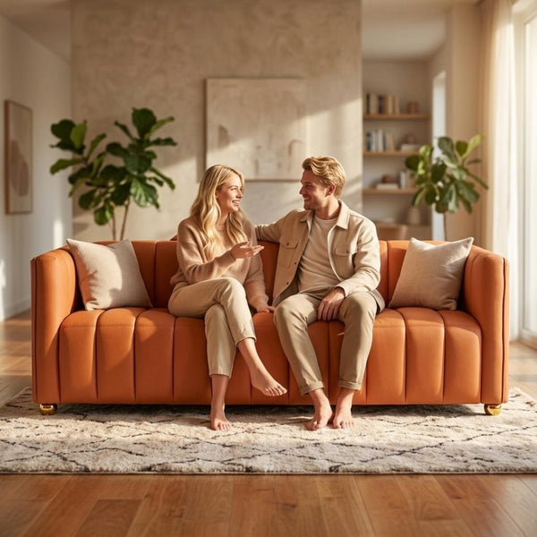 English Elm Modern Art Deco Channel Tufted Leather Look Sofa with Solid Wood Frame for Living Rooms Orange B2735S00045