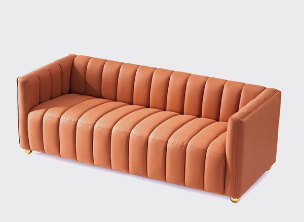 English Elm Modern Art Deco Channel Tufted Leather Look Sofa with Solid Wood Frame for Living Rooms Orange B2735S00045