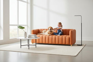 English Elm Modern Art Deco Channel Tufted Leather Look Sofa with Solid Wood Frame for Living Rooms Orange B2735S00045