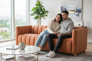 English Elm Modern Art Deco Channel Tufted Leather Look Sofa with Solid Wood Frame for Living Rooms Orange B2735S00045