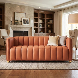 English Elm Modern Art Deco Channel Tufted Leather Look Sofa with Solid Wood Frame for Living Rooms Orange B2735S00045