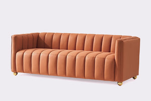 English Elm Modern Art Deco Channel Tufted Leather Look Sofa with Solid Wood Frame for Living Rooms Orange B2735S00045