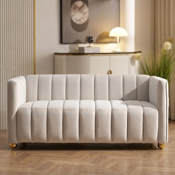 English Elm Modern Art Deco Channel Tufted Leather Look Sofa with Solid Wood Frame for Living Rooms Ivory B2735S00046