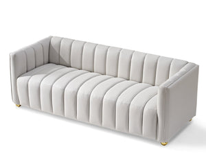 English Elm Modern Art Deco Channel Tufted Leather Look Sofa with Solid Wood Frame for Living Rooms Ivory B2735S00046
