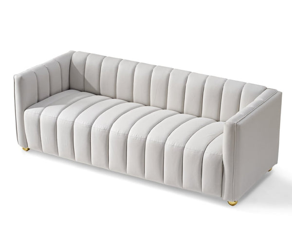 English Elm Modern Art Deco Channel Tufted Leather Look Sofa with Solid Wood Frame for Living Rooms Ivory B2735S00046