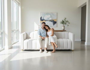 English Elm Modern Art Deco Channel Tufted Leather Look Sofa with Solid Wood Frame for Living Rooms Ivory B2735S00046
