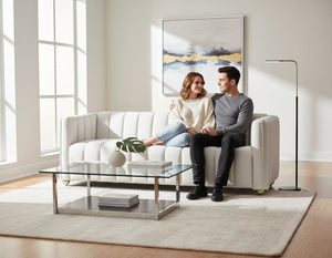English Elm Modern Art Deco Channel Tufted Leather Look Sofa with Solid Wood Frame for Living Rooms Ivory B2735S00046