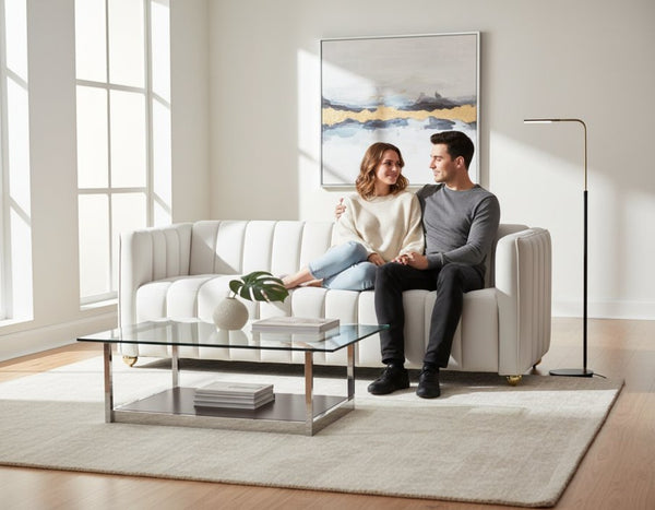 English Elm Modern Art Deco Channel Tufted Leather Look Sofa with Solid Wood Frame for Living Rooms Ivory B2735S00046