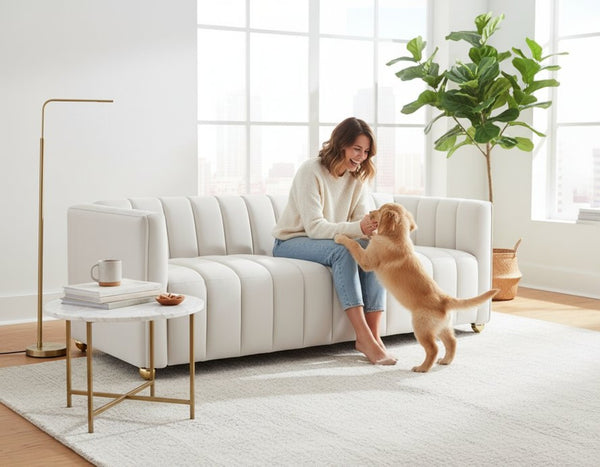 English Elm Modern Art Deco Channel Tufted Leather Look Sofa with Solid Wood Frame for Living Rooms Ivory B2735S00046