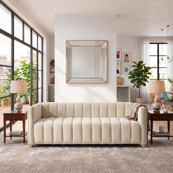 English Elm Modern Art Deco Channel Tufted Leather Look Sofa with Solid Wood Frame for Living Rooms Ivory B2735S00046