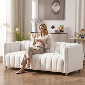 English Elm Modern Art Deco Channel Tufted Leather Look Sofa with Solid Wood Frame for Living Rooms Ivory B2735S00046