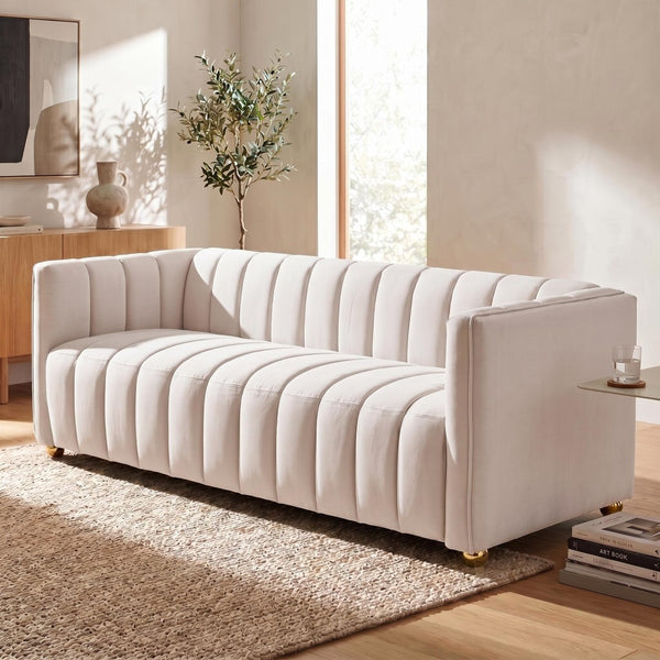 English Elm Modern Art Deco Channel Tufted Leather Look Sofa with Solid Wood Frame for Living Rooms Ivory B2735S00046